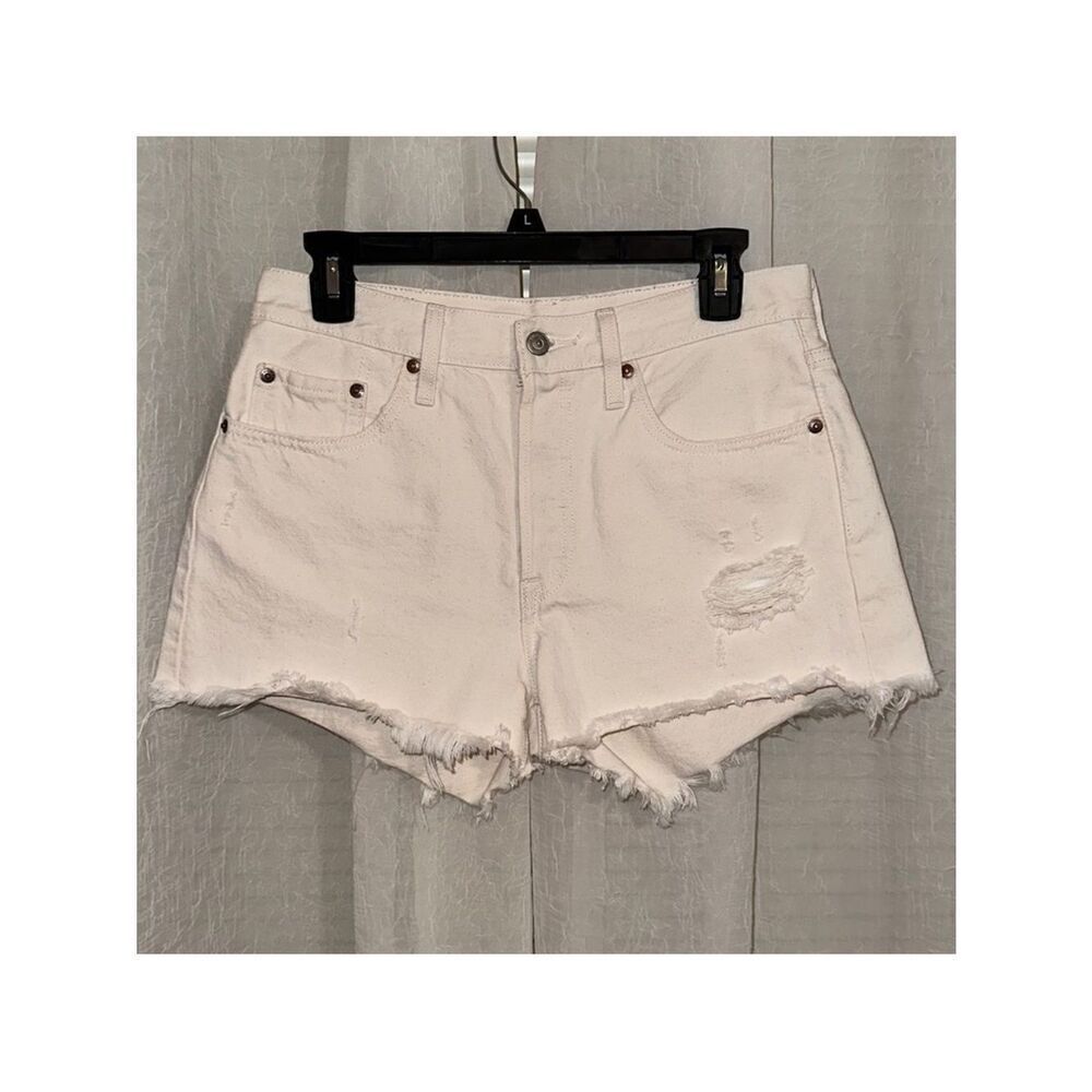 LEVI’S 28 501 High Rise Button Fly Ivory Distressed Raw Fringe Hem Denim Shorts